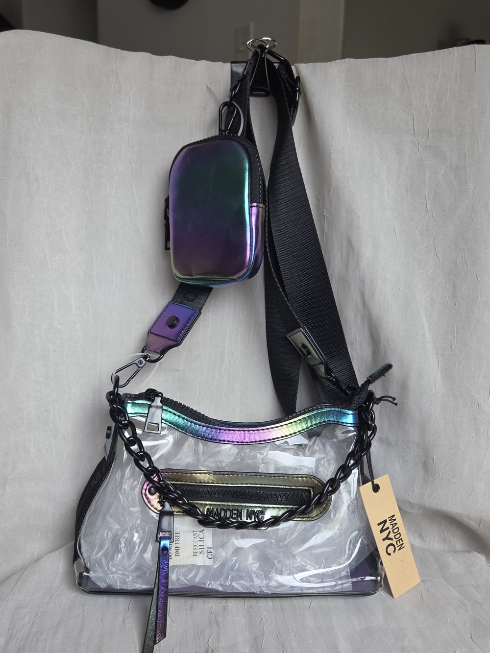 Madden NYC Clear Hobo Iridescent Crossbody w/Chain